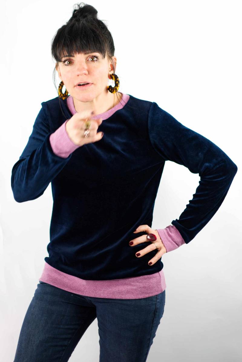 Pullover, Nicki, _10, Dunkelblau, Rosa, U-Bootausschnitt, Langarm, Samt, Nicki von Papillonid