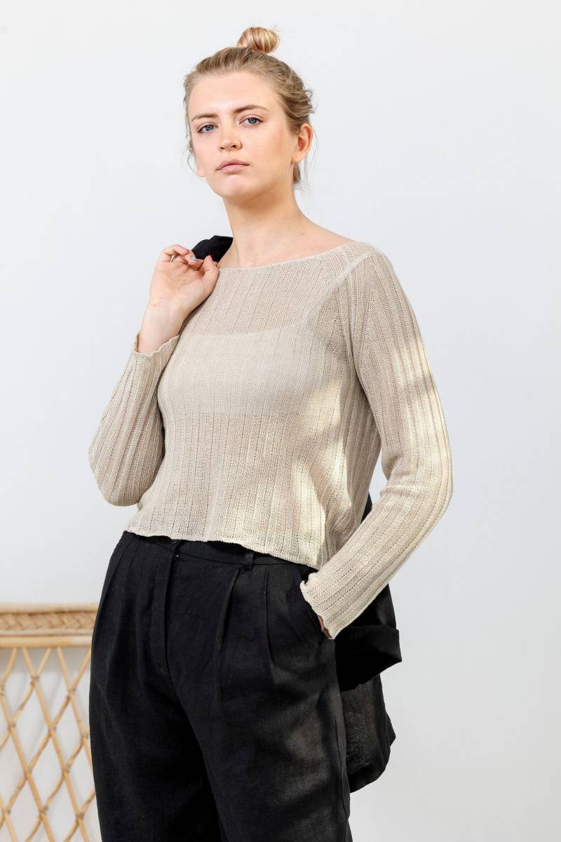 Handgestrickter Leinenpullover Beige Sommer-Rippenpullover von PappusStore