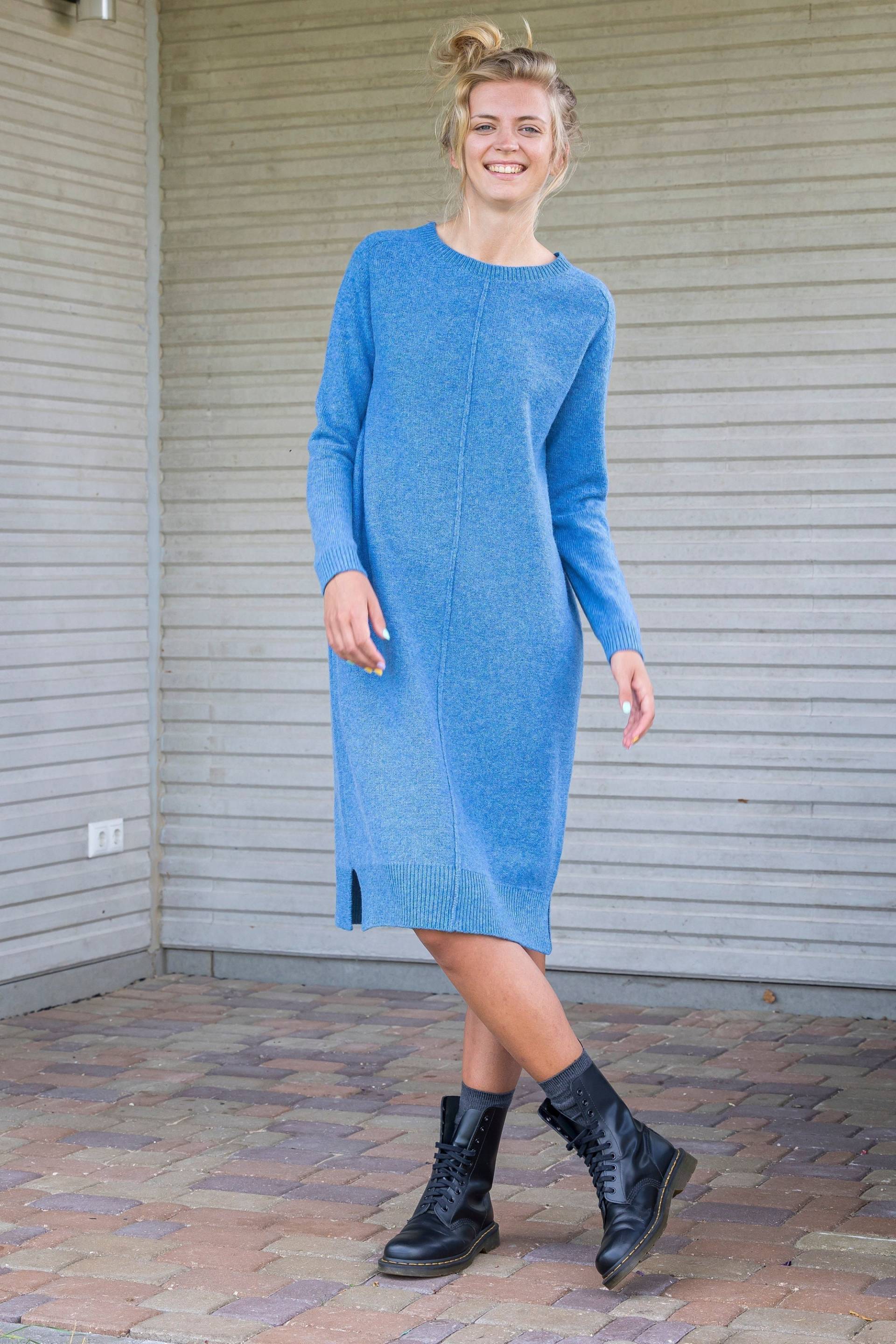 Lange Wool Sweater Kleid, Gestrickte Lange Sweatshirt Basic Wolle Pullover Tunika, Frauen Strick, Mittelblau von PappusStore