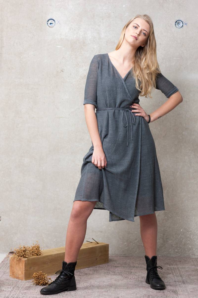 Leinen Wickelkleid, Strick Midikleid, Gestricktes Leinenkleid, Sommerkleid, Halbarm Damen Leinenkleid Mit Gürtel von PappusStore