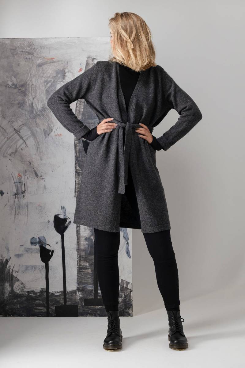 Longline Wrap Cardigan Aus Wolle - Grauer V-Ausschnitt Mit Gürtel von PappusStore