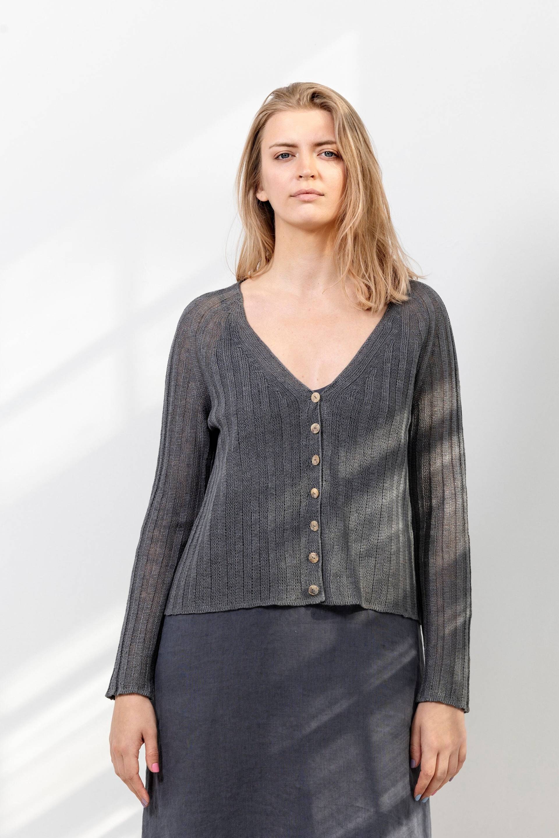 Neu Leinen Sommer Strickjacke, Gerippte Reine Gestrickte Strickjacke in Dunkelgrau von PappusStore