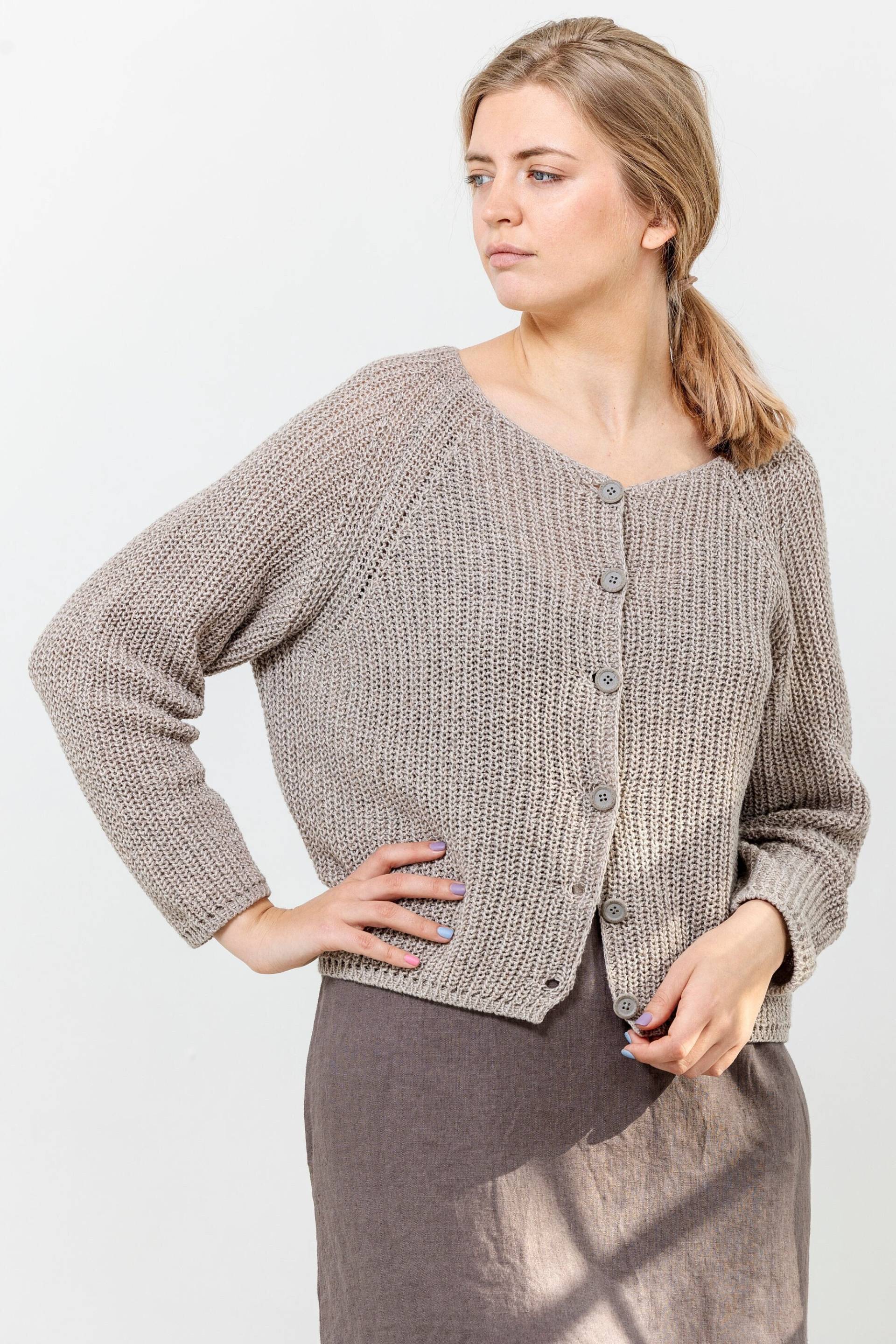 Neue Woll-Baumwoll-Strickjacke, Strick-Sommer-Strickjacke Aus Wolle, Baumwoll-Strickjacke in Natürlichem Grau, Button Up Sommer-Strickjacke von PappusStore