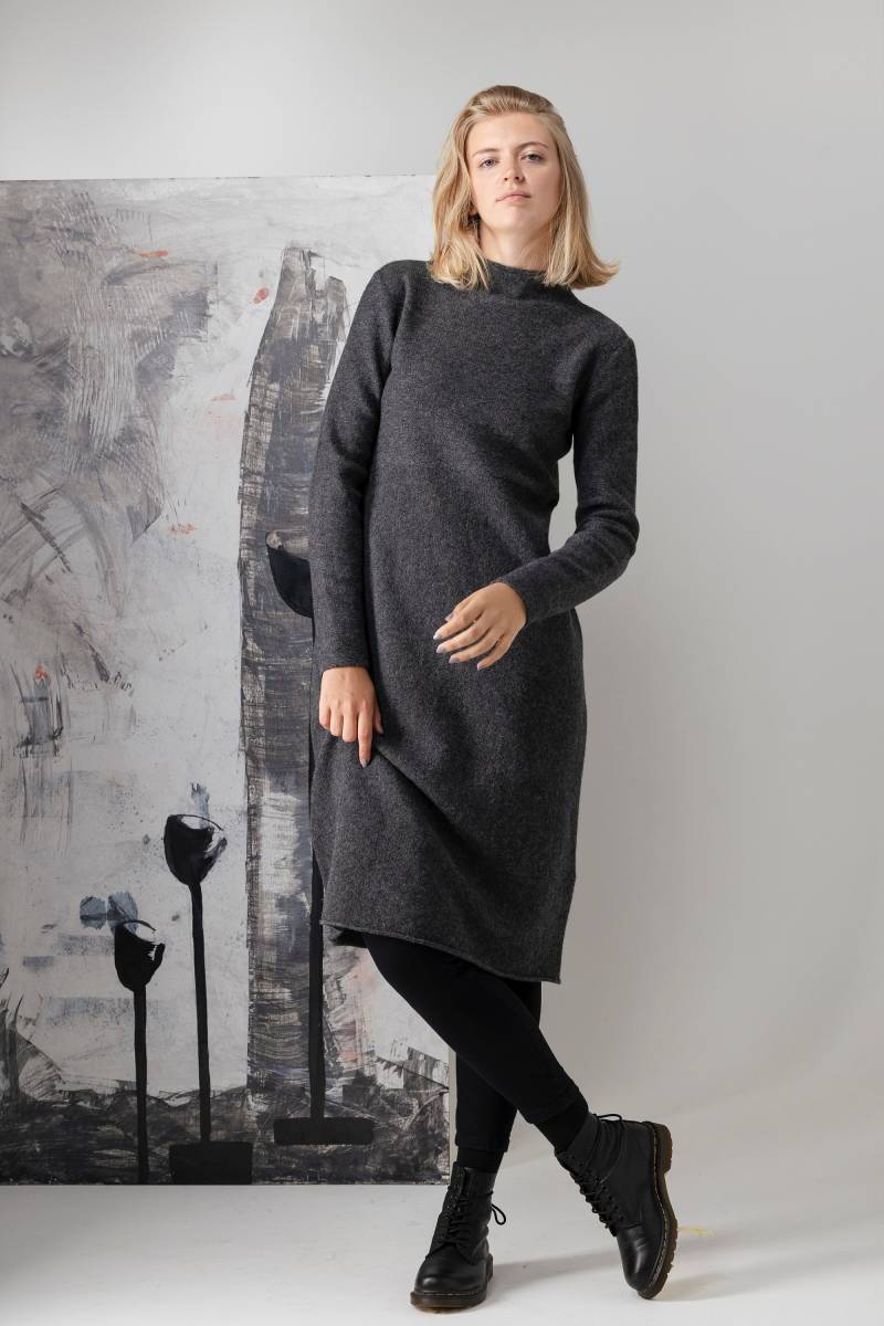 Strickkleid Aus Wolle Dunkelgraue Tunika Mit Stehkragen von PappusStore