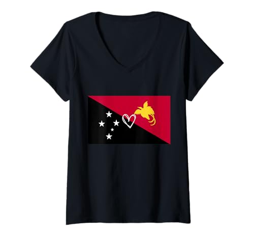 Damen Papua-Neuguinea-Flagge, Papua-Neuguinea-Herz, stolzes Erbe T-Shirt mit V-Ausschnitt von Papua New Guinea Flag Papua New Guinean Gifts Idea