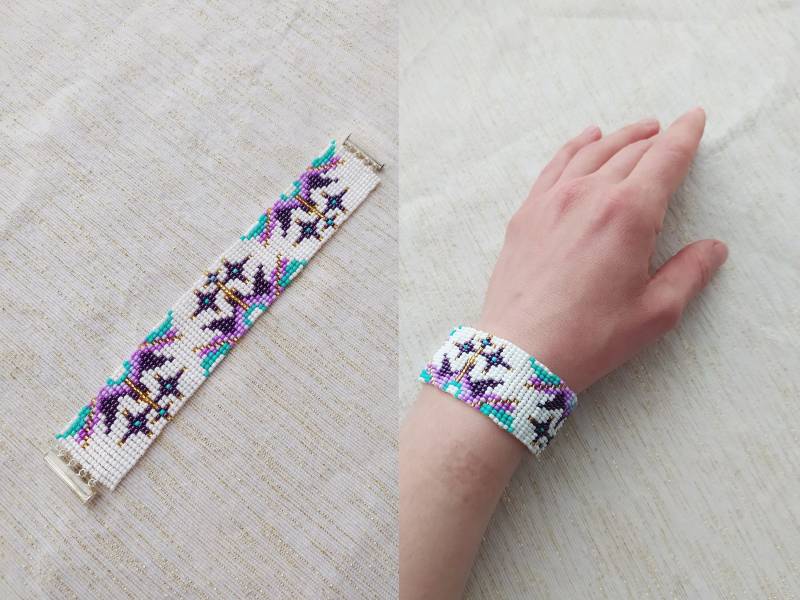 Frozen Inspired Purple Ice Flowers On Snow White Background Bracelet, Bead Loom Wide Bracelet With Ornaments, Cuff von ParChevalier