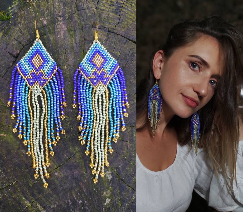 Purple Native America Style Bead Earrings, American Inspired Earring, Violet Big Long Dangle Earrings von ParChevalier