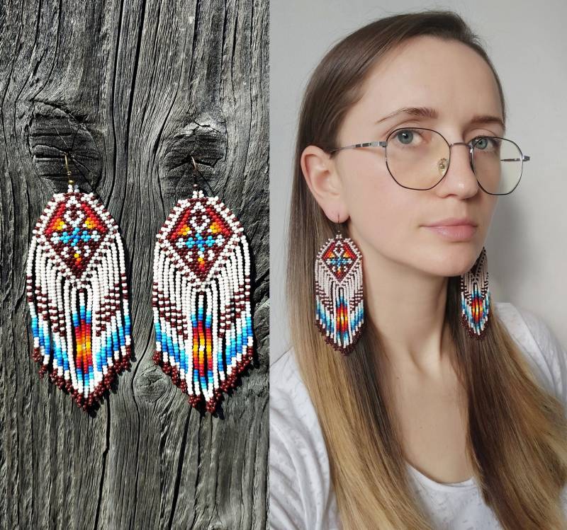 Sand Colored Old Tribes Native America Inspired Beaded Earrings, American Style Bead Dangle Drop Earring, Jewellery von ParChevalier