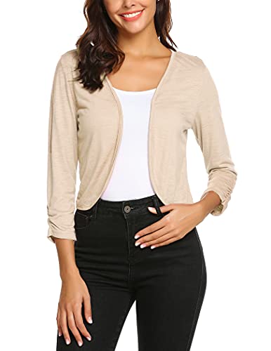 Parabler Bolero Damen Kurz 3/4 Ärmel Cardigan Casual Festlich Strickjacke Leicht Open Front Bolerojacke Einfarbig Jacke für Kleider Frühling Sommer Champagner XXL von Parabler