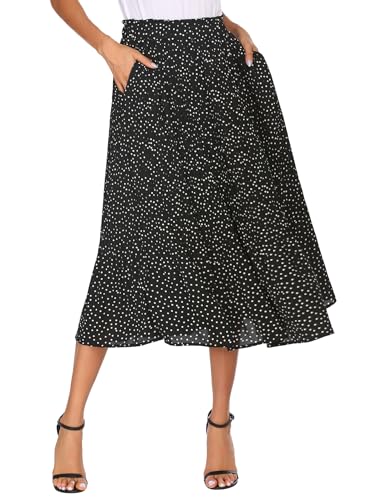 Parabler Chiffon Maxirock Damen Boho Plissee Retro Langer Sommerrock Faltenrock Schwarz Strandrock Elastische Taille Tanzrock Schwarz S von Parabler