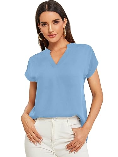 Parabler Damen Bluse V-Ausschnitt Elegant Sommer Tshirt Oberteil Top Hellblau S von Parabler