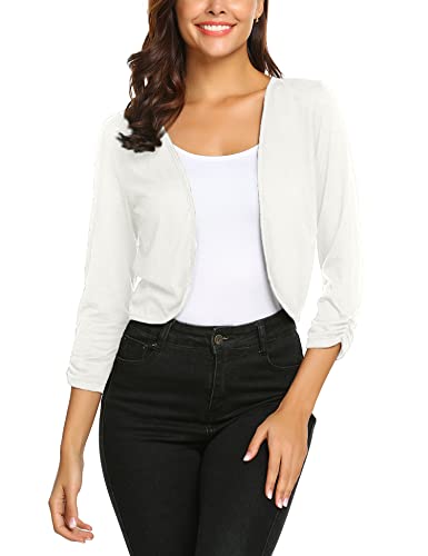 Parabler Damen Bolero 3/4 Ärmel Bolerojacke Elegant Schulterjacke Kurz Cardigan Strickjacke Shrugs Cremeweiß S von Parabler