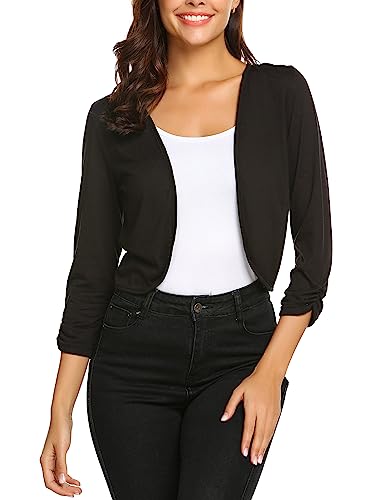 Parabler Damen Bolero Schwarz 3/4 Ärmel Kurz Cardigan für Kleider Elegant Leichte Jacke für Abendkleid Frühling Sommer Strickjacke L von Parabler