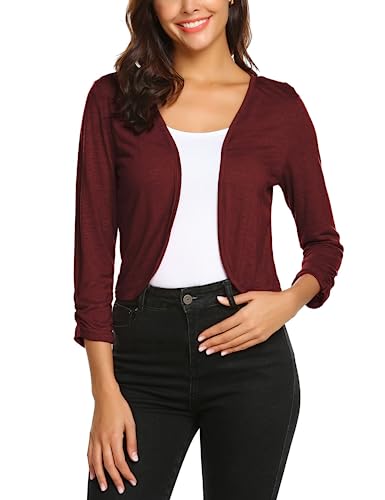 Parabler Damen Bolero Kurze 3/4 Ärmel Strickjacke Schulterjacke Shrug Top Elegant Leichte Cardigan Casual Top, Small, A-rot von Parabler