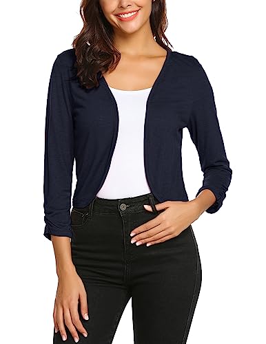 Parabler Damen Bolero Kurze 3/4 Ärmel Strickjacke Schulterjacke Shrug Top Elegant Leichte Cardigan Casual Top Dunkelblau S von Parabler