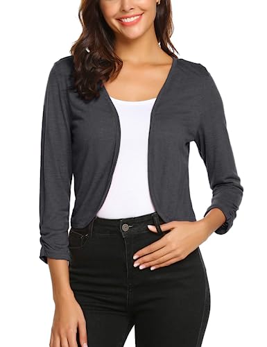 Parabler Damen Bolero Kurze 3/4 Ärmel Strickjacke Schulterjacke Shrug Top Elegant Leichte Cardigan Casual Top Grau L von Parabler