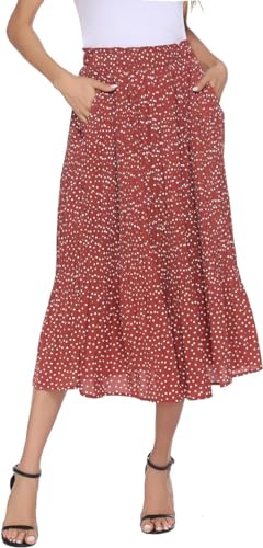 Parabler Damen Hohe Taille Röcke Retro Maxirock Polka Dot Rock Lang Herbst und Winter Elegant Faltenrock mit Tasche Rot-1 S von Parabler