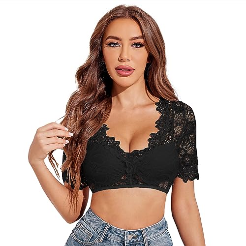 Parabler Dirndlbluse Damen Kurzarm Spitze Dirndl Blusen Weiß/Schwarz Schulterfrei Crop Top, Oktoberfest Kostüm Bluse Schwarz L von Parabler