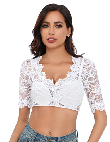 Parabler Dirndl Blusen Damen Spitze Dirndlbluse Schwarz Halbarm V-Ausschnitt Trachtenbluse Elegant Kurzarm Dirndlblusen Oktoberfest Kostüm Weiß L von Parabler