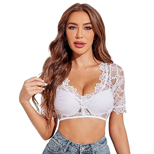 Parabler Damen Dirndlbluse Spitze Trachten Dirndlbluse Kurzarm Oktoberfest Dirndlblusen Halbarm Tracht Bluse Weiß XL von Parabler