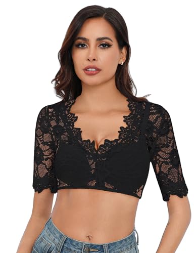 Parabler Dirndl Bluse Schwarz Damen Spitze Trachtenbluse Halbarm Dirndlbluse V-Ausschnitt Kurzarm Trachten Blusen Elegant Weiß Oktoberfest Kostüm Dirndlblusen Spitzenbluse Schwarz XXL von Parabler