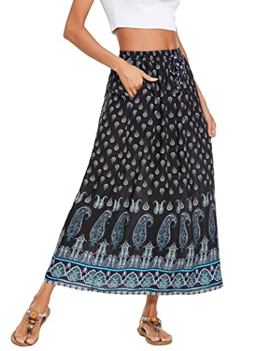 Parabler Damen Freizeitrock Boho Rock lang EleganteMaxirock Elastische Taille Sommerrock Langer Hohe Taille Skirt Strandrock Dunkelblau L von Parabler