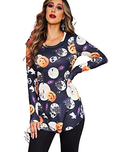 Parabler Damen Halloween Shirt Langarm Kürbis Drucken Sweatershirt Halloween Party Langarm Tops von Parabler