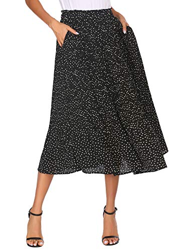 Parabler Damen Hohe Taille Röcke Retro Maxirock Polka Dot Rock Lang Herbst und Winter Elegant Faltenrock mit Tasche Schwarz L von Parabler