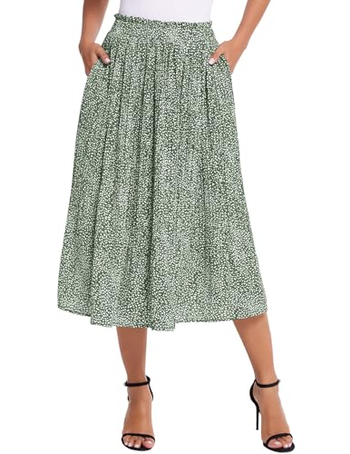 Parabler Damen Midirock Boho Retro Maxi Langer Rock Elastische Taille Chiffonrock Punkte Faltenrock Schwarz Strandrock Long Skirt von Parabler