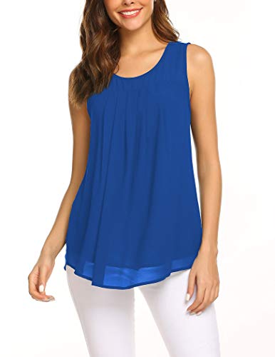 Parabler Damen Top Elegante Chiffonbluse Rundhals Bluse Casual Sommertops Doppellagige Shirt Ärmellose Locker Tunika Oberteile Blau S von Parabler