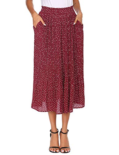 Parabler Damen Sommerrock Boho Retro Midi Langer Rock Rot Elastische Taille Chiffonrock Punkte Faltenrock Strandrock Lang Skirt M von Parabler