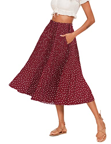 Parabler Damen Sommerrock Boho Retro Midi Rock Rot Elastische Taille Chiffonrock Langer Faltenrock Punkte Strandrock M von Parabler