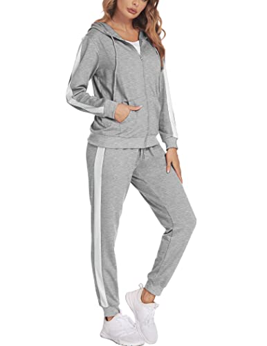 Parabler Damen Trainingsanzug Set Jogginganzug Zweiteiler Tracksuit Sportbekleidung SportwearFitness Training Tennis Streifen Grau XL von Parabler