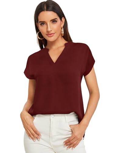 ParablerDamen V-Ausschnitt Hemdbluse Chiffon Blusen Frauen T-Shirt Tops Sommer Einfarbig Kurzarm Casual Tunika Loose fit Weinrot S von Parabler