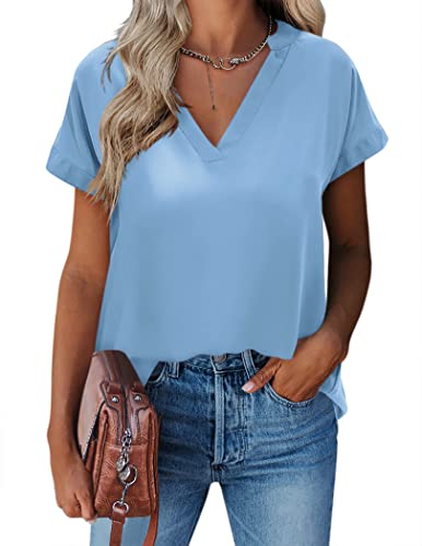 Parabler Damen V-Ausschnitt Hemdbluse Chiffon Blusen Frauen T-Shirt Tops Sommer Einfarbig Kurzarm Casual Tunika Loose fit Hellblau XXL von Parabler