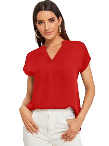 Parabler Damen V-Ausschnitt Hemdbluse Chiffon Blusen Frauen T-Shirt Tops Sommer Einfarbig Kurzarm Casual Tunika Loose fit Rot M von Parabler