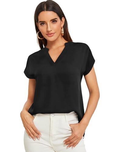 Parabler Damen V-Ausschnitt Hemdbluse Chiffon Blusen Frauen T-Shirt Tops Sommer Einfarbig Kurzarm Casual Tunika Loose fit Schwarz M von Parabler