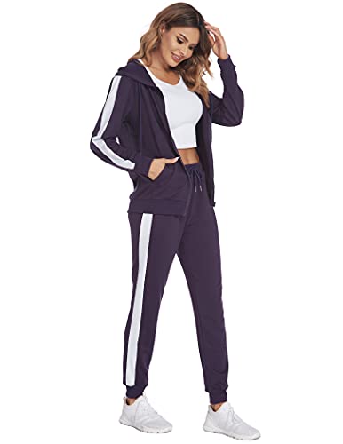 Parabler Jogginganzug Damen Set Sportanzug 2 teilig Frauen Trainingsanzug Hausanzug Polyester jogging damen anzug Anzug mit gestreiftem Patchworkdesign Lila S von Parabler