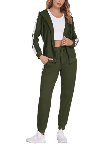 Parabler Damen Trainingsanzug Jogginganzug Zweiteiler Tracksuit Freizeitanzug Lässig mit Tasche Fitness Armeegrün L von Parabler