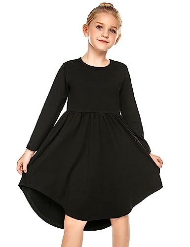 Parabler Kinder Kleid Langarm T-Shirt Kleid Mädchen A Linie Freizeitkleid Baumwolle Herbst Winterkleid mit Taschen Schwarz Gr.120/7-8jahre von Parabler