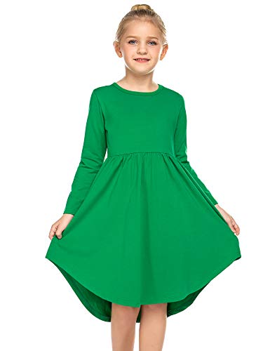 Parabler Kleider für Kleider Langarm A-Linie Prinzessin Kleid T-Shirt Kleid Party Kleider Casual Herbst Winter Kinder Kleid mit Unregelmäßiger Saum Grün Gr.160/13-14Jahre von Parabler