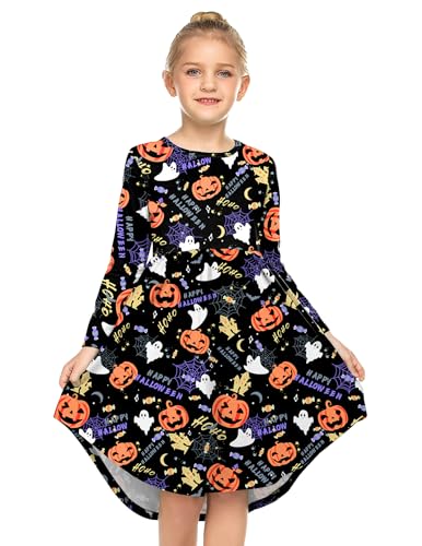 Parabler Mädchen Kleid Halloween Schwarz Kind Kleid Rundhals Kleider T-Shirt Kleid Langarm Herbstkleid Geist Herbst Winter Gr.150/12-13 Jahre von Parabler