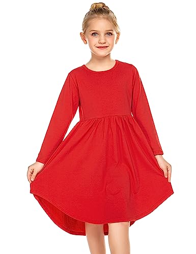 Parabler Mädchen Kleid Langarm A-Linie Prinzessin Kleid T-Shirt Kleid Party Kleider Plissee Casual Herbst Winter Kinder Kleid mit Unregelmäßiger Saum Rot Gr.150/12-13 Jahre von Parabler