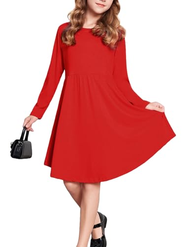 Parabler Mädchen Kleid Langarm A-Linie Prinzessinkleid T-Shirt Kleid Party Kleider Casual Herbst Winter Kinder Kleid mit Unregelmäßiger Saum Rot Gr.150/12-13 Jahre von Parabler