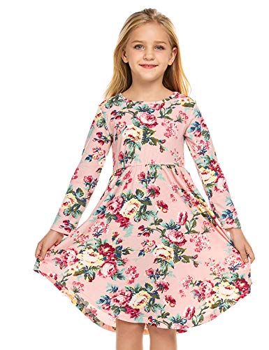 Parabler Mädchen Kleid Rosa Blumenkleid Kinder Langarmkleid Herbst Festlich Freizeitkleid Swing Skaterkleid Rundhals T-Shirt Kleider A-Linie Partykleid Gr.130/9-10jahre von Parabler