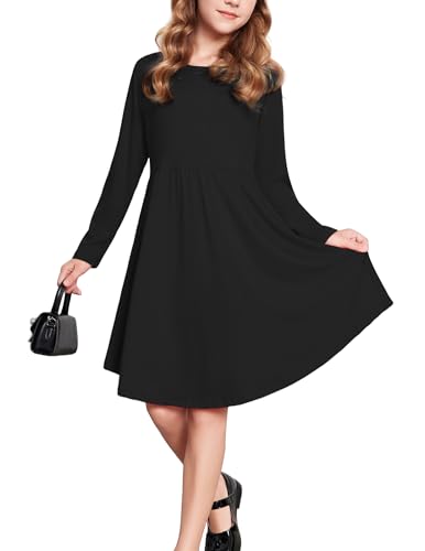 Parabler Kinder Kleid Langarm T-Shirt Kleid Mädchen A Linie Freizeitkleid Baumwolle Herbst Winterkleid mit Taschen Schwarz Gr.160/13-14jahre von Parabler