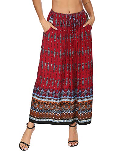 Parabler Boho Rock Damen Maxirock Sommerrock Plissee Langer Faltenrock Strandrock Elastische Taille Tanzrock Maxi Rot L von Parabler