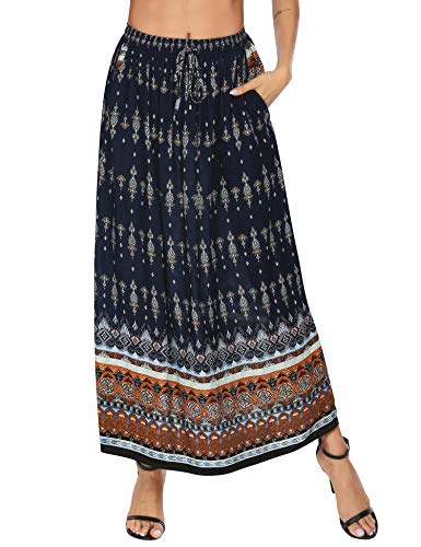 Parabler Rock Damen Maxirock Boho Sommerrock Plissee Langer Strandrock Elastische Taille Tanzrock Maxi Tellerrock Blau XL von Parabler