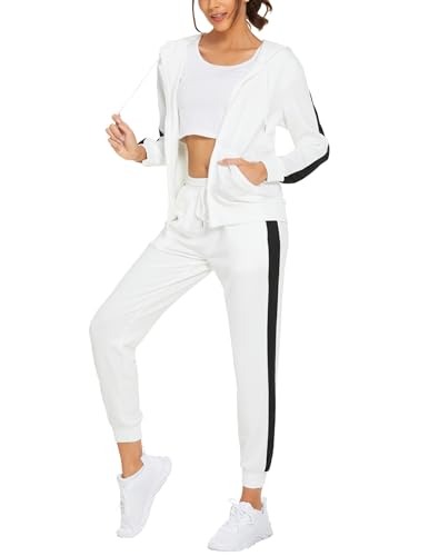 Parabler Trainingsanzug Damen Set Sport Anzug Frauen Zweiteiler Jogginganzug Jogger Tracksuit Freizeitanzug Fitness Sportbekleidung Weiß XL von Parabler