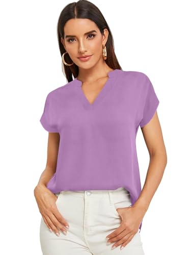 ParablerDamen V-Ausschnitt Hemdbluse Chiffon Blusen Frauen T-Shirt Tops Sommer Einfarbig Kurzarm Casual Tunika Loose fit Lila L von Parabler